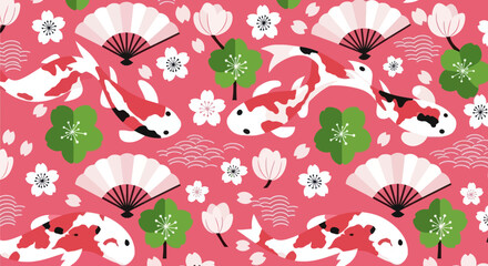 Seamless pattern with koi fish, fans, flowers, and petals on a pink background