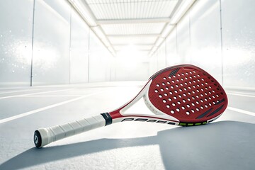 Padel racket lying on the floor in a bright indoor court  