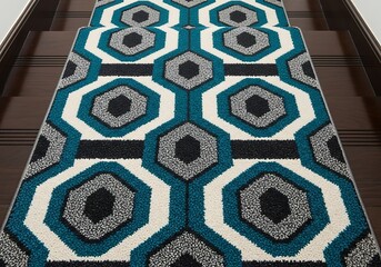 Geometric stair runner with teal, black, and white octagonal pattern adorning wooden steps, creating a visually
