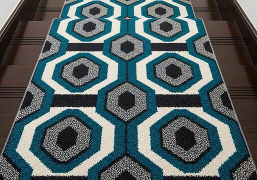 Geometric stair runner with teal, black, and white octagonal pattern adorning wooden steps, creating a visually