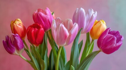 Fototapeta premium A vibrant bouquet of tulips in various colors stands tall against a soft pastel background bringing the essence of spring and joy to any space.