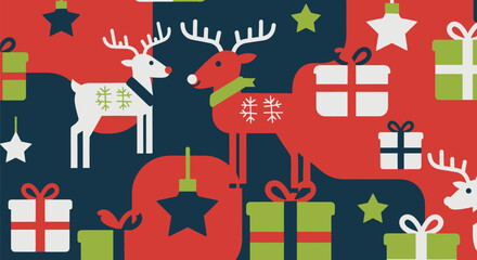 Holiday themed pattern of deer, presents, stars, on dark and red background