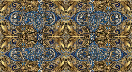 Ornate pattern with blue and gold, featuring repeating, swirling motifs