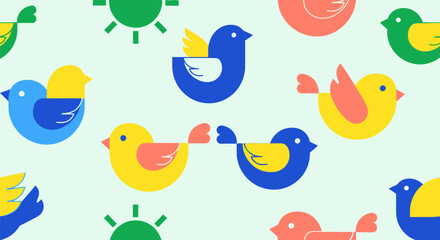 Seamless pattern of colorful, geometric birds and suns