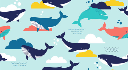 Cute, flat vector pattern of cartoon whales swimming among colorful clouds on a pale blue background