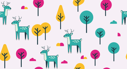 Graphic pattern of teal deer, colorful trees on pale background