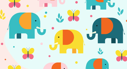 Colorful flat design pattern with elephants, butterflies, leaves, and dots on a light blue background