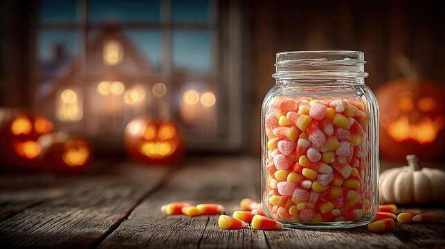 Halloween concept Creepy Candy Corn Jar An overflowing jar filled with candy corn sits on a wooden table next to glowing jack-o-lanterns