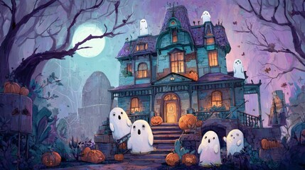 A whimsical Halloween illustration style of a friendly ghost family happily haunting their cobweb-covered Victorian-style home