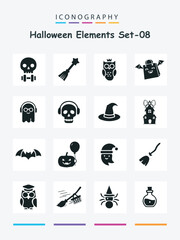 Halloween icon set spooky holiday pumpkin ghost skull witch bat vector design Set 08