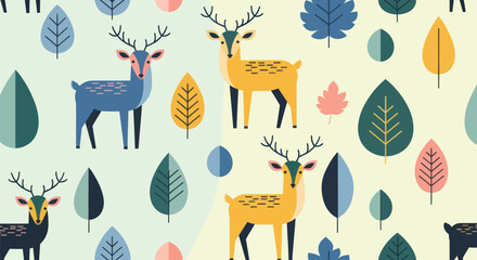 Colorful geometric deer and leaves on a light background
