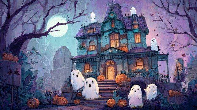 A whimsical Halloween illustration style of a friendly ghost family happily haunting their cobweb-covered Victorian-style home