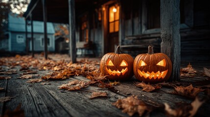 Halloween pumpkin lanterns glowing on rustic wooden porch autumn leaves scattered cozy seasonal photography background