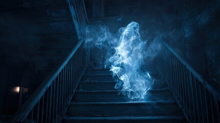 A spooky Halloween concept of a ghostly figure made of translucent smoke floating up a dark abandoned staircase at night