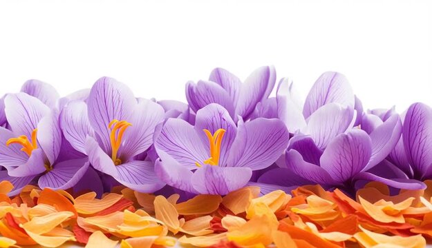 fresh saffron flowers (Crocus sativus) with vibrant purple petals and bright yellow-orange stigmas, alongside a pile of dried saffron threads in the foreground