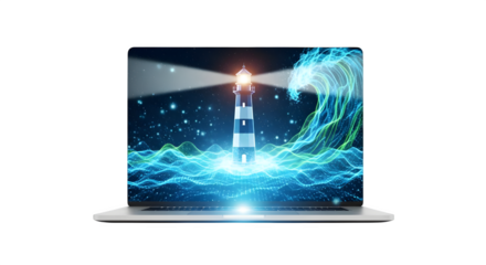 A laptop displaying a lighthouse with a bright light shining over digital ocean waves at night time