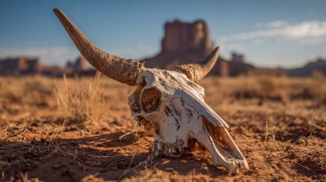 A weathered cow skull is positioned on the sandy desert floor with the striking rock formations of Monument Valley in the background illuminated by soft afternoon light.