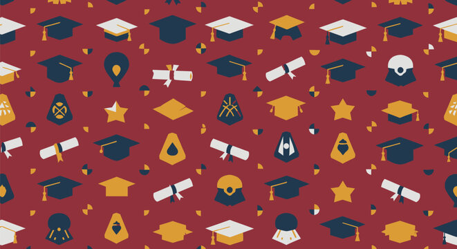 Grad pattern Mortarboards, scrolls, stars, and crests on a maroon background