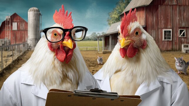 Two chickens wearing glasses and lab coats are standing in a field. One of the chickens is holding a clipboard