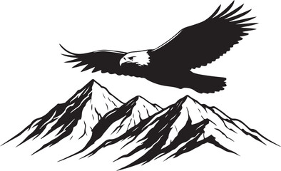 black vector of soaring eagle over mountain in silhouette 