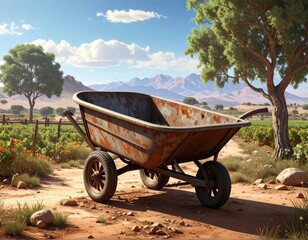 Rustic Wheelbarrow in a Sunny Vineyard Landscape.