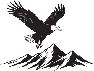 black vector of soaring eagle over mountain in silhouette 