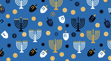 Hanukkah icons menorahs, dreidels, gelt on blue