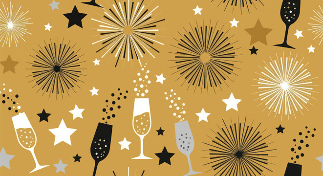 Festive pattern with champagne glasses, star shapes, and firework bursts on golden background