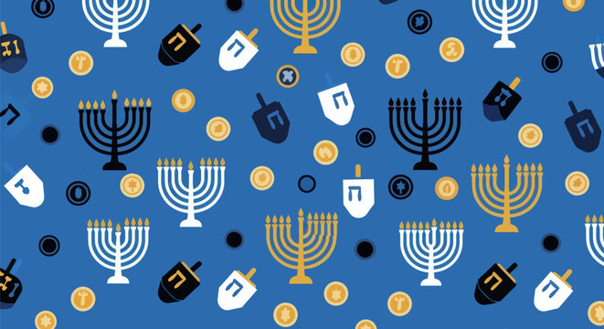 Hanukkah icons menorahs, dreidels, gelt on blue