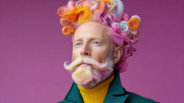 A man with a colorful mohawk and mustache stands in front of a pink background. Concept of boldness and individuality, as the man's unique hairstyle