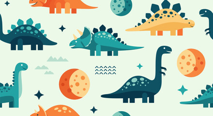 Fun, flat-style dinosaur pattern with stars, moons, and geometric shapes © masiku
