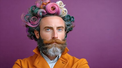 A man with a colorful mohawk and beard is standing in front of a purple background. He looks confident and proud of his unique hairstyle