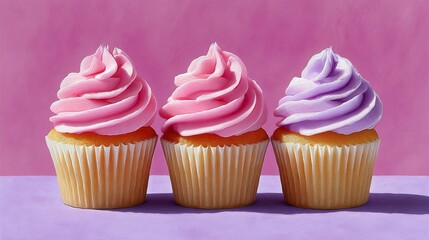 Three cupcakes with pink and purple frosting on a pink background. The cupcakes are arranged in a row, with the pink one in the middle and the purple one on the right