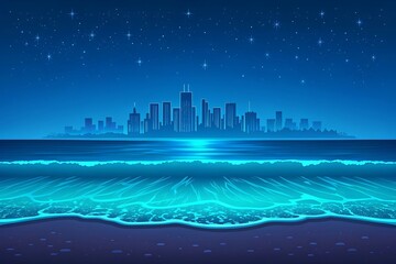 Mysterious glowing ocean waves wash ashore towards a futuristic city silhouette at night.