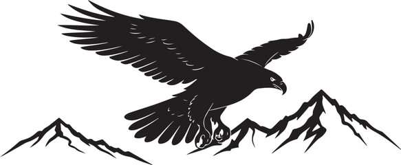 black vector of soaring eagle over mountain in silhouette 