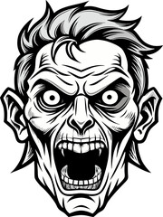 Zombie face, vector line art icon, black and white, white background