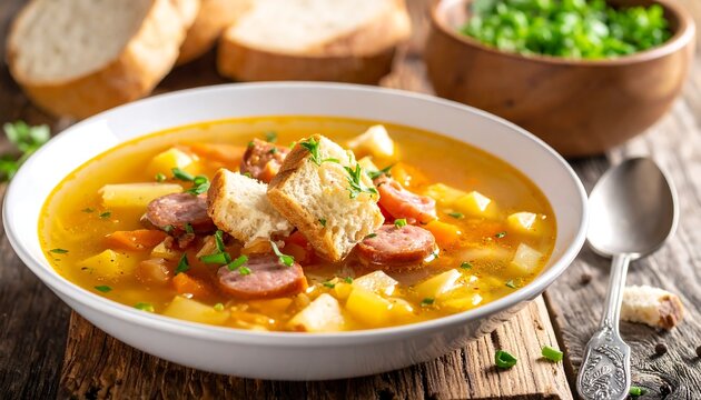 Creamy soup with croutons and sausage