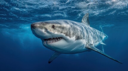 Fototapeta premium A shark is swimming in the ocean with its mouth open. The shark is large and has a menacing look on its face. The water is clear and blue, and the shark is surrounded by a school of fish