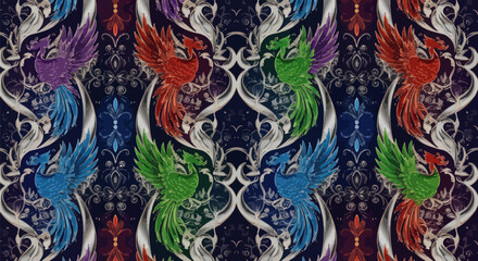 Ornate phoenix pattern on dark background, vibrant colors, symmetrical © masiku