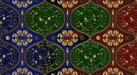Ornate, celestial wallpaper with blue, green, and red panels in a repeating floral pattern