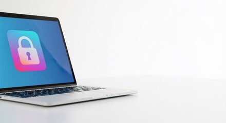 Laptop computer displaying security lock icon on screen. Device data protection concept. Cybersecurity and privacy for digital network.