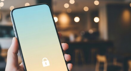 Man hand holding smartphone with security lock icon. Concept of cyber security, personal data protection, internet privacy, and identity safety.