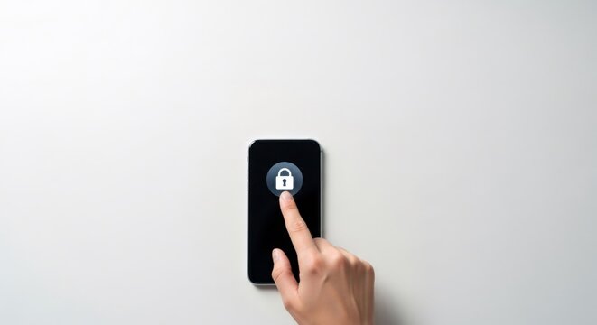 Woman hand security concept on mobile phone screen. Cybersecurity data protection technology with lock icon for web safety. Personal privacy secure design element.