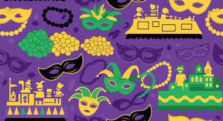 Colorful Mardi Gras background with masks, beads, and parade floats © masiku