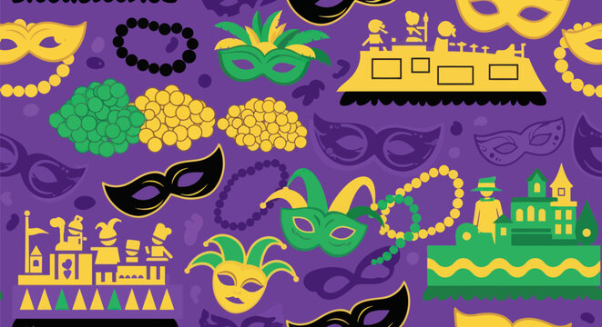 Colorful Mardi Gras background with masks, beads, and parade floats
