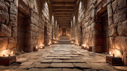 Mysterious stone corridor illuminated by flickering candles in an ancient temple at dusk
