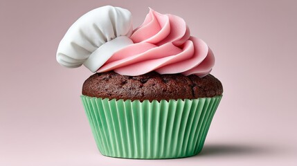 A cupcake with pink frosting and a chef's hat on top. The image conveys a playful and whimsical mood, as the chef's hat adds a touch of humor to the otherwise simple dessert