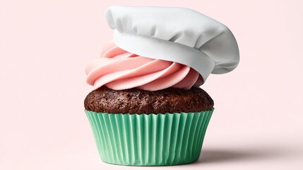 A cupcake with pink frosting and a chef's hat on top. The image conveys a playful and whimsical mood, as the cupcake is dressed up like a chef's hat. The pink frosting adds a touch of sweetness