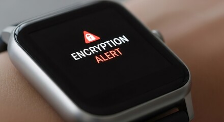 Smartwatch displaying encryption alert with a padlock icon on black screen. Concept of data protection, internet security, and cyber safety for personal information.