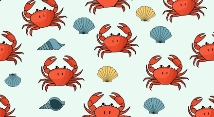 Repeating cartoon crabs and shells on light blue background © masiku